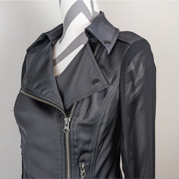 Guess Black Jacket Sheer Sleeve Satin Look Cropped Moto Extra Small XS Y2K - Picture 4 of 15